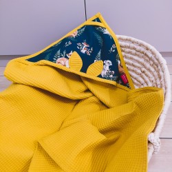 Ręcznik z kapturkiem bawełna wafelek 100x100 leśne zwierzęta żółty