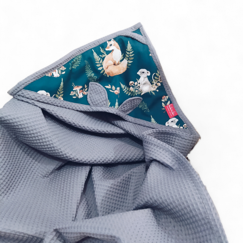 Ręcznik z kapturkiem bawełna wafelek 100x100 leśne zwierzęta ciemny szary