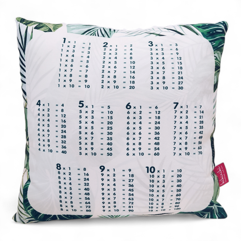 Poduszka z tabliczką mnożenia 40x40 zielone liście minky ecru
