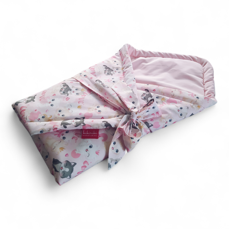 Rożek dziecięcy 70x70 - bawełna różowe kotki + różowa bawełna