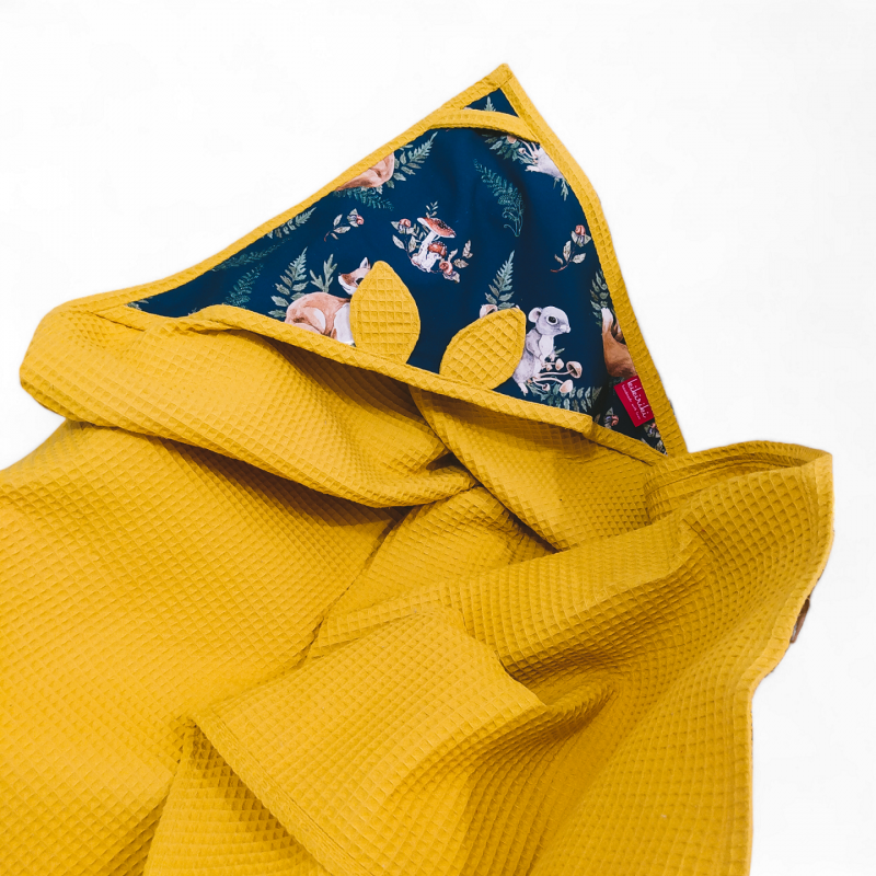 Ręcznik z kapturkiem bawełna wafelek 100x100 leśne zwierzęta żółty