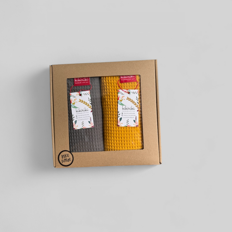 Komplet ręczników wafelkowych 70x100 - ciemny szary i ciemny żółty