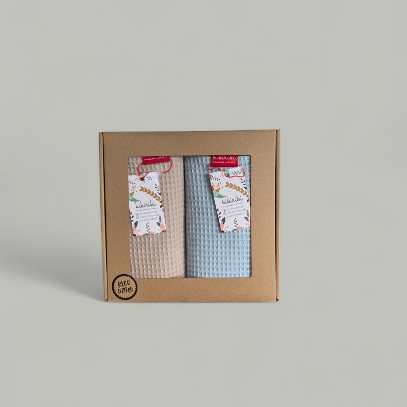 Komplet ręczników waflowych 70x100 - błękitny + ciemny ecru
