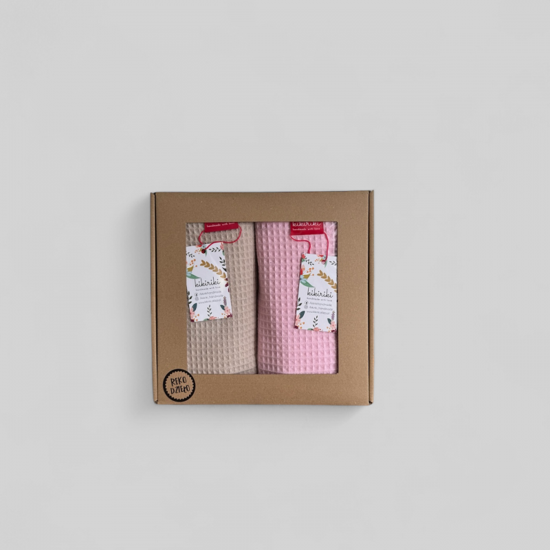 Komplet ręczników waflowych 70x100 - jasny różowy + ciemny ecru