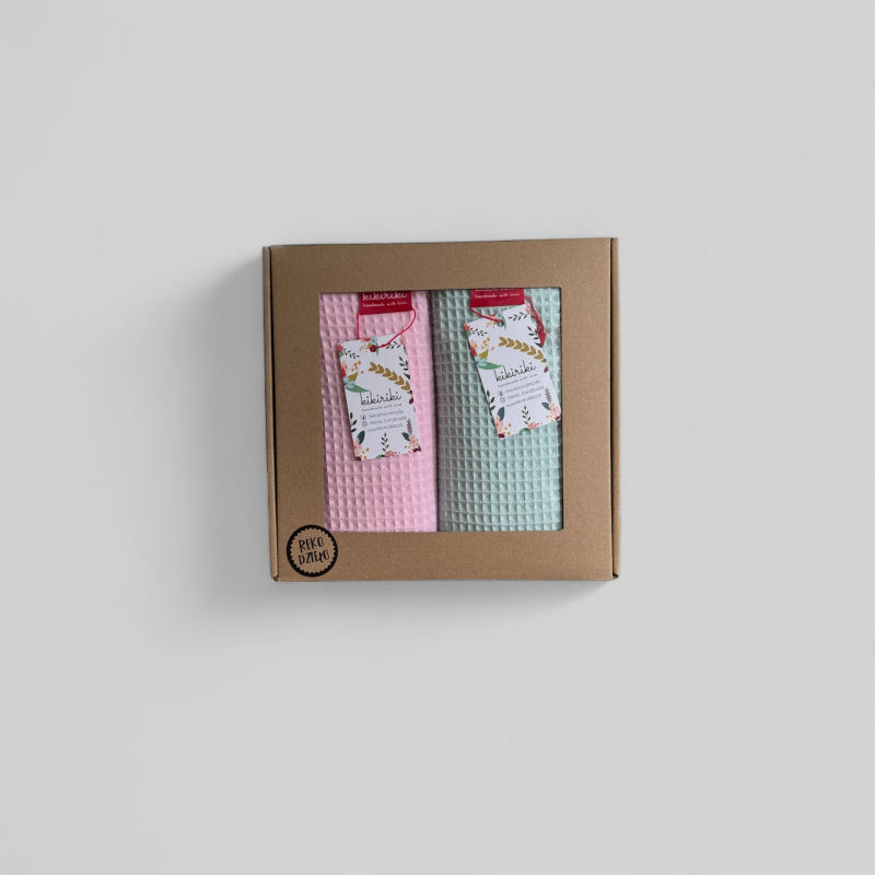 Komplet ręczników waflowych 70x100 - jasny różowy + mięta