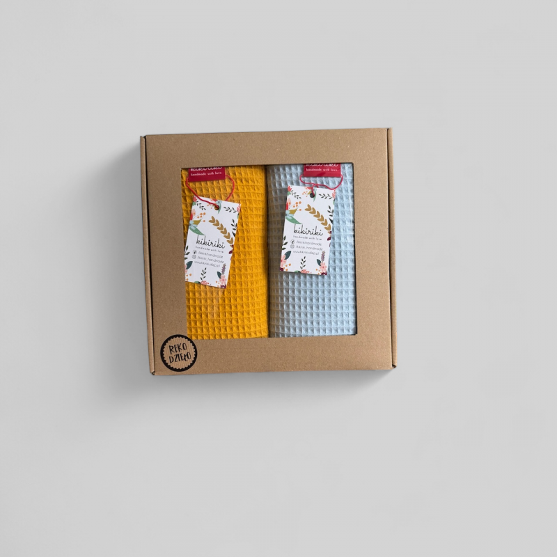 Komplet ręczników waflowych 70x100 - ciemny żółty + błękitny