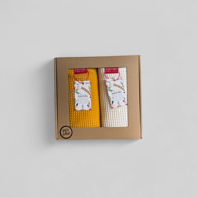 Komplet ręczników waflowych 70x100 -ciemny żółty + kość słoniowa