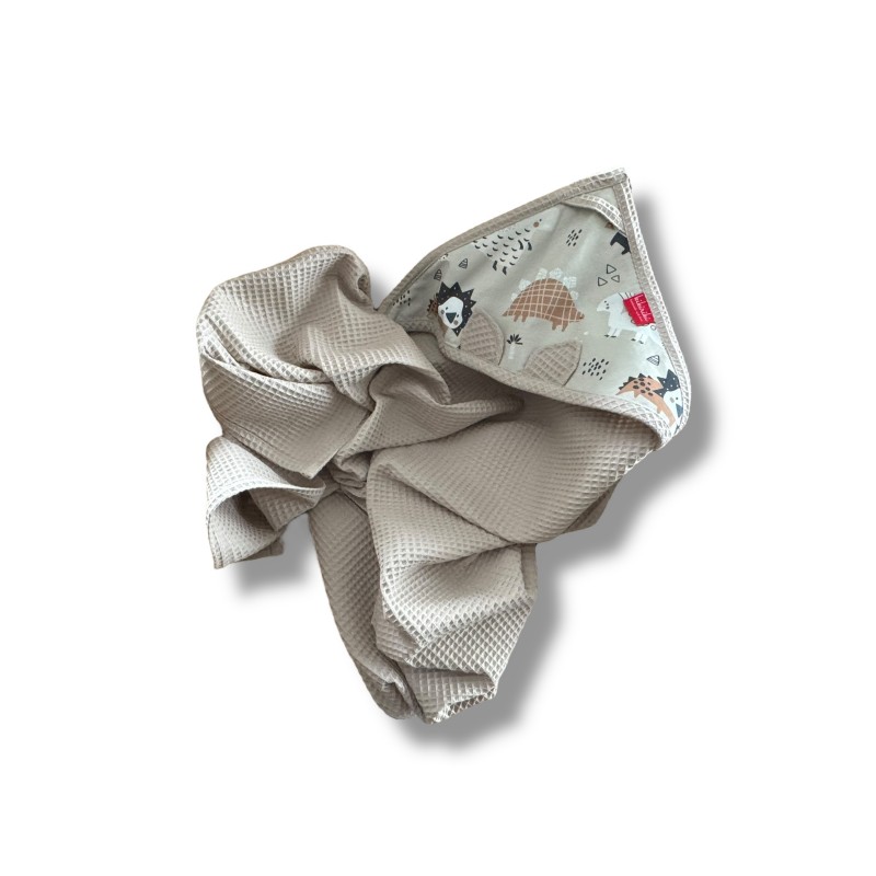 Ręcznik bawełniany z kapturkiem bawełna wafelek 100x100 - ciemny ecru + dinozaury