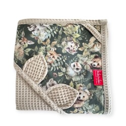 Ręcznik bawełniany z kapturkiem bawełna wafelek 100x100 - ciemny ecru, leśne zwierzaki zielone