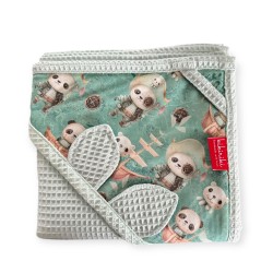 Ręcznik bawełniany z kapturkiem bawełna wafelek 100x100 - mięta + panda pirat