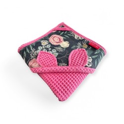 Ręcznik bawełniany z kapturkiem bawełna wafelek 100x100 - fuksja + kwiaty na granacie