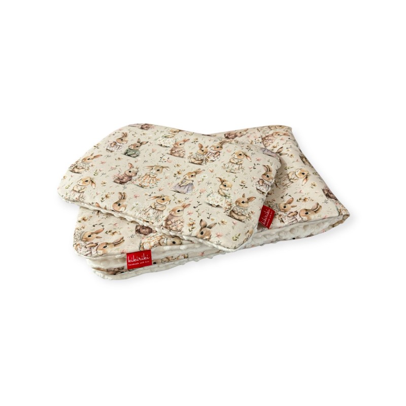 Komplet pościel z wypełnieniem + poduszka -  bawełna z minky - króliczki w kwiatach rozmiar do wyboru