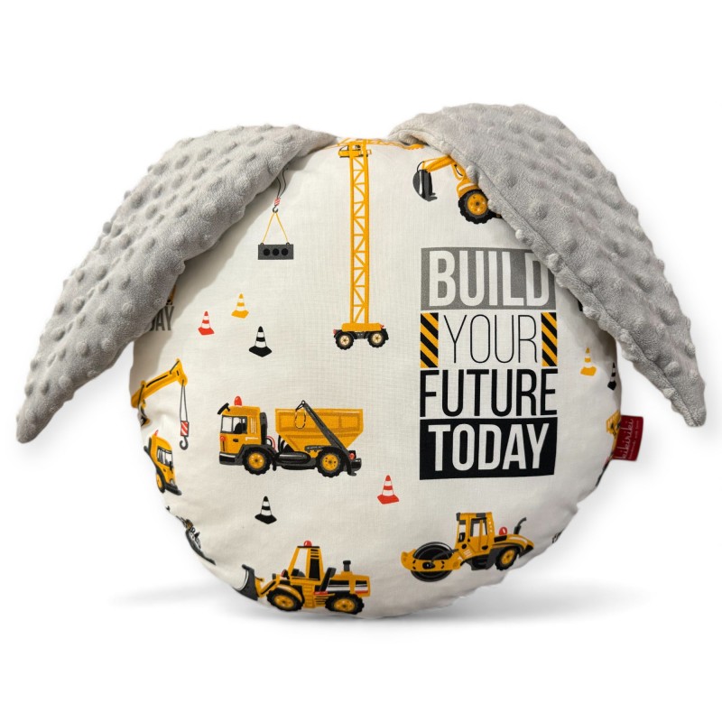 Poduszka z uszkami - koparki białe - szare minky